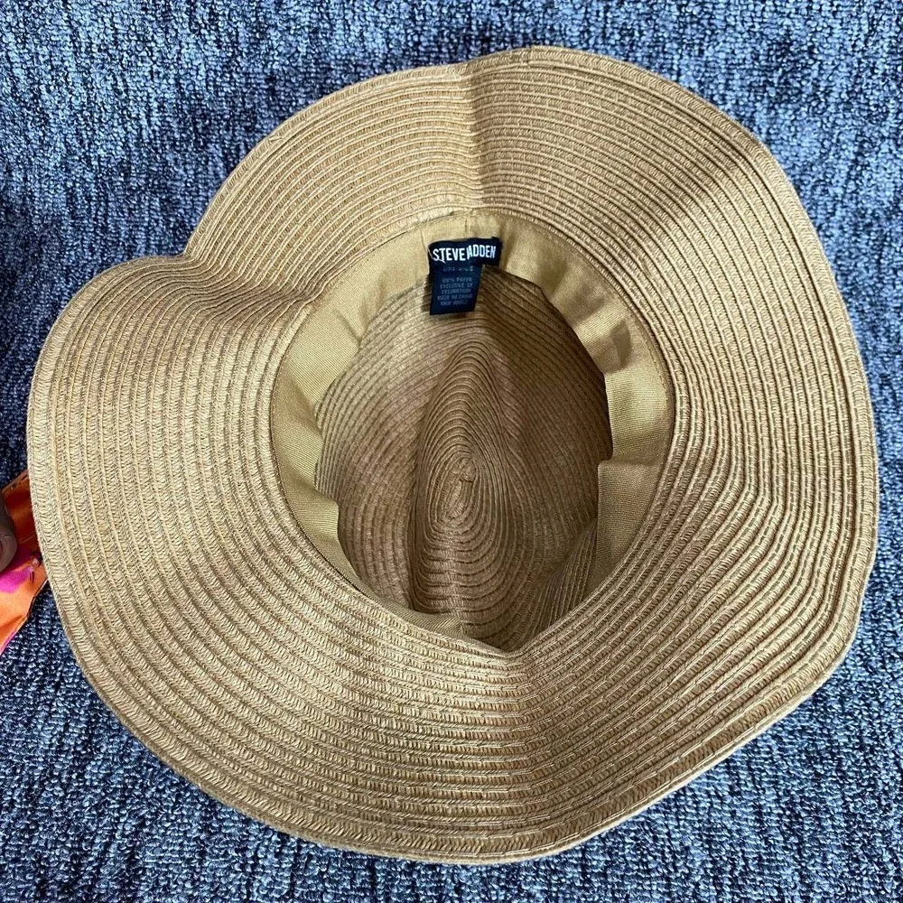 Steve Madden Straw Sun Hat Orange Floral Scarf Tie Wide Brim Floppy Beach Resort